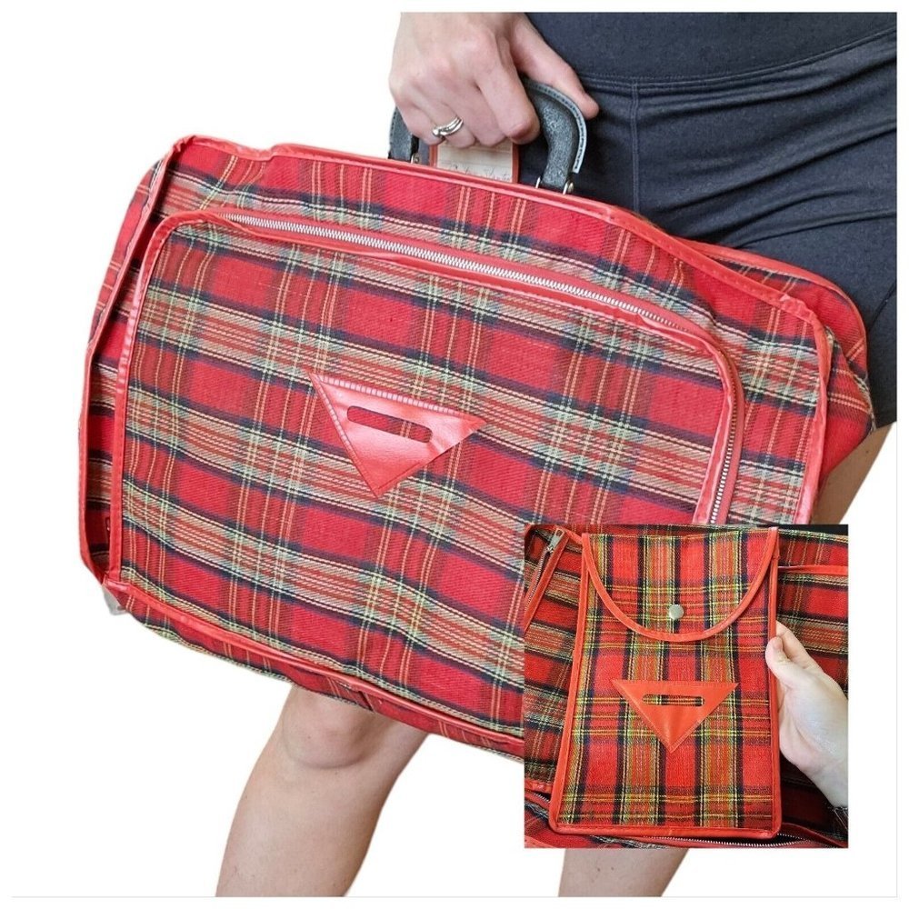 60s Retro Red Plaid Softshell Suitcase Carryon Luggage W Small Matching Bag 2 Pc